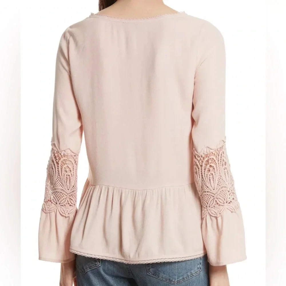 NWT Joie Emelda Bell Sleeve Blouse Blush Pink Lace  Feminine Womens Size Large - Picture 3 of 14